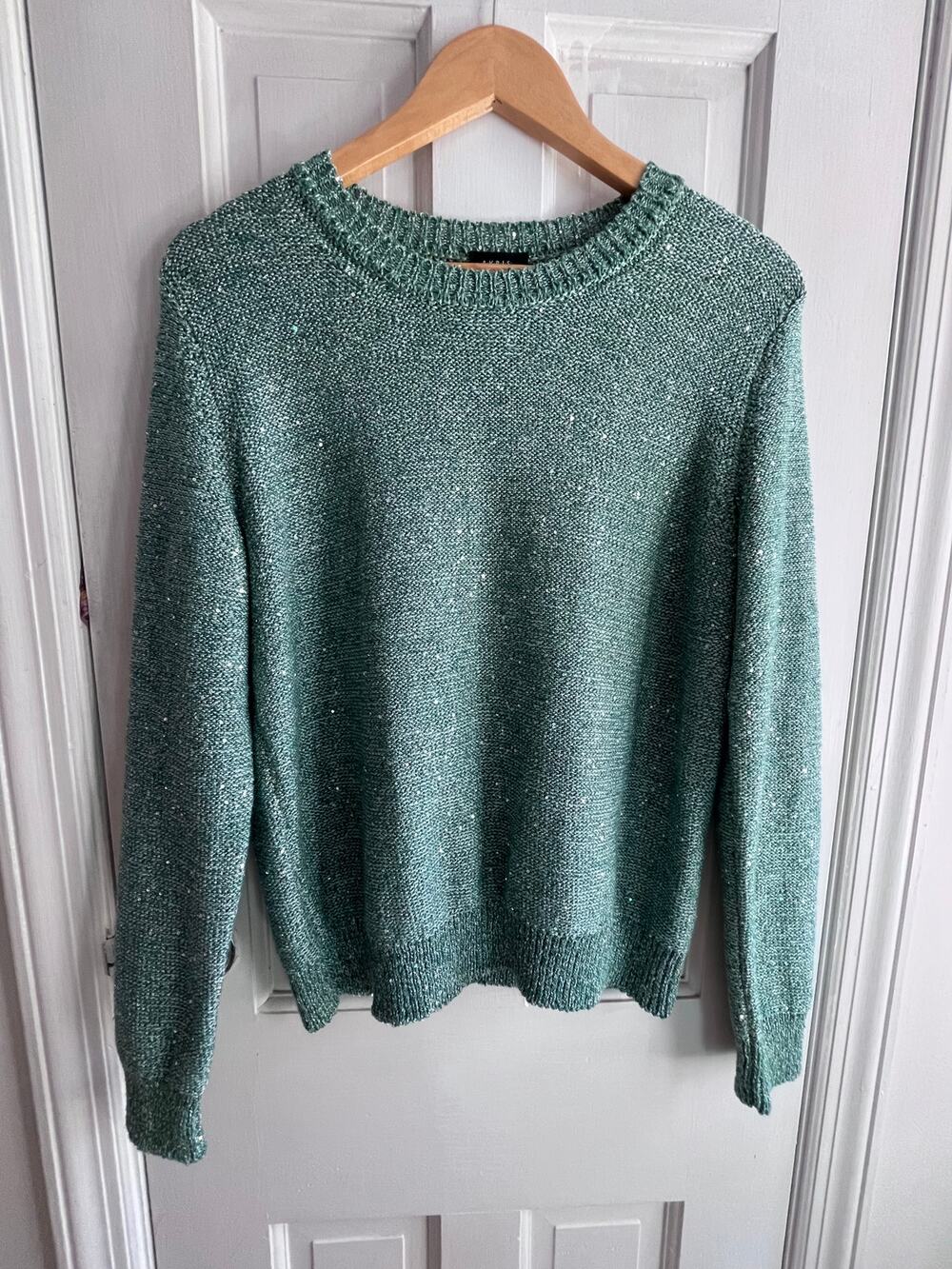 Akris 100 Years Linen Sequin Shimmer Knit Sweater Seafoam Green US 16 L/M $1780